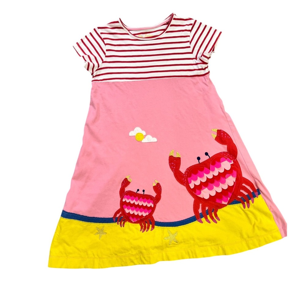 Mini Boden Girls Pink Red Striped Crab Applique Jersey Dress Size 11-12Y 152cm